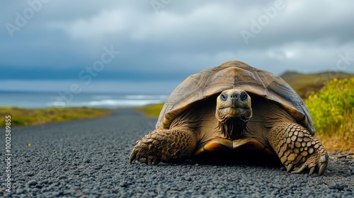 Solitary Tortoise Traverses Desert Road in Peaceful Landscape photo