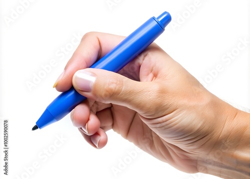 Hand holding blue marker, isolated on white background