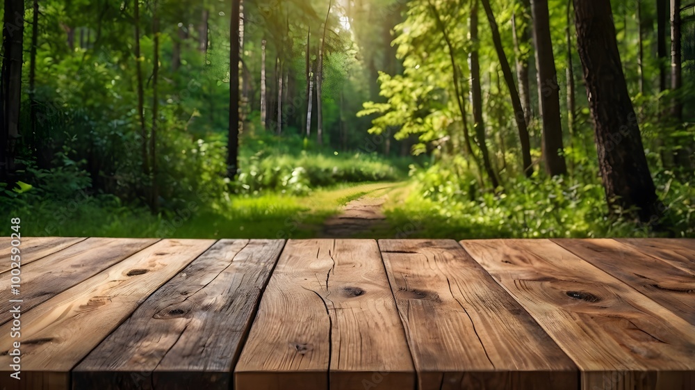Tranquil green forest sunlight reflection on trees, closeup rustic wooden table surface. concepts of nature, serenity & eco-friendly product placement settings Tranquil green forest sunlight reflection on trees, closeup rustic wooden table surface. concepts of nature, serenity & eco-friendly product placement settings