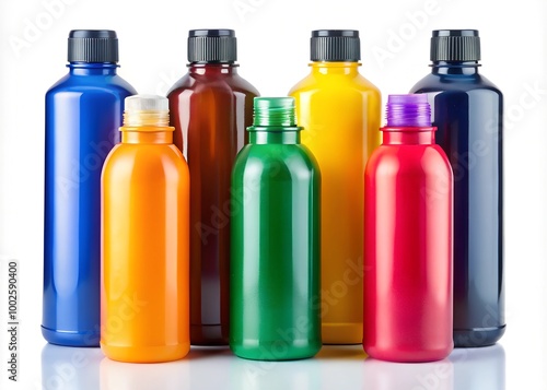 Set of black, blue, green, yellow, orange, red and pink plastic bottles, isolated on white background