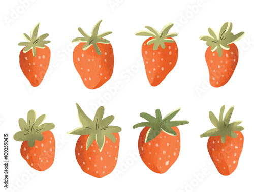 Collection of Watercolor Strawberry and Leaves Vector Elements