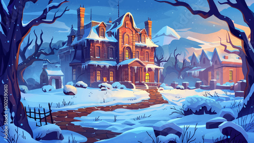 Weathered Mansion Amidst A Snowy Blizzard With Heavy Snowfall And Windy Conditions Bright Colors And Simplified Details Capture The Cold And Winter Atmosphere Cartoon Illustration