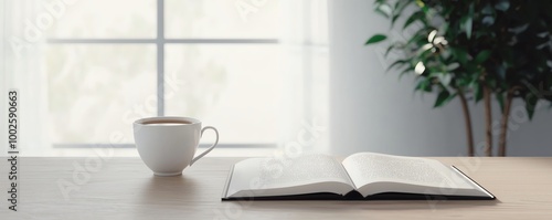 A peaceful workspace featuring an open book and a coffee cup, perfect for readers and creatives seeking inspiration.