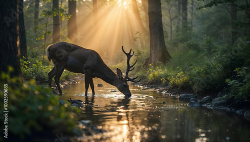 Wallpaper Mural A majestic deer standing in a shallow stream in a lush, misty forest with sunbeams shining through the trees. Torontodigital.ca