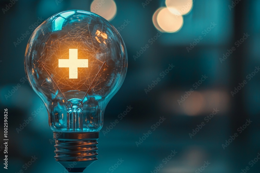 A glowing lightbulb with a medical cross icon inside, set against a soft, sterile hospital environment, representing breakthroughs in healthcare A glowing lightbulb with a medical cross icon inside, set against a soft, sterile hospital environment, representing breakthroughs in healthcare