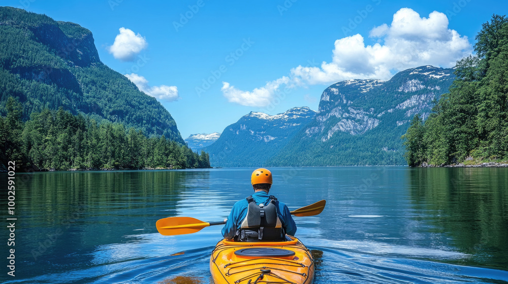 A person in a bright orange kayak enjoys paddling across a calm lake surrounded by towering mountains and clear blue skies A person in a bright orange kayak enjoys paddling across a calm lake surrounded by towering mountains and clear blue skies