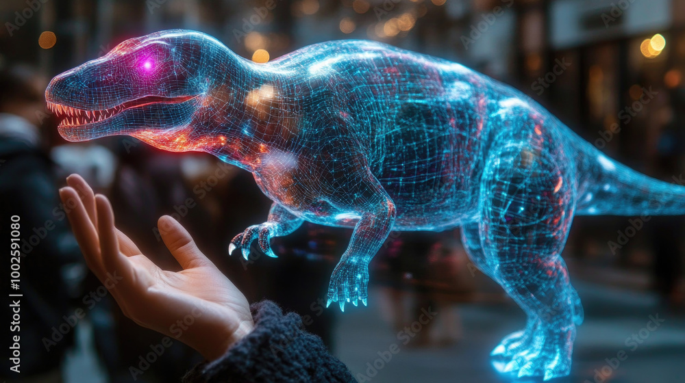 Φωτογραφία A hand reaches out to touch a holographic dinosaur glowing brightly in an energe