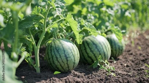 Watermelons growing in a lush field under bright sunlight on a warm summer day