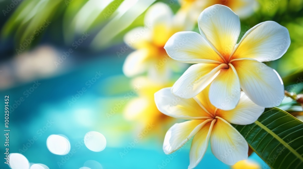 Fototapeta premium Vibrant Tropical Plumeria Flowers in Lush Green Environment