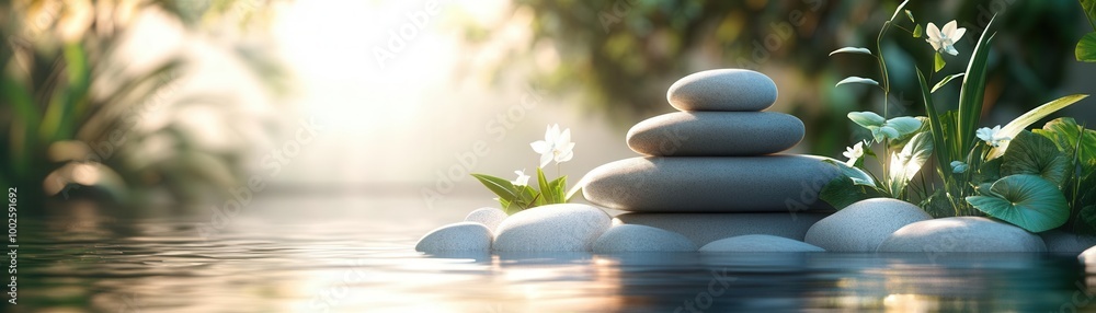 Serene stacked stones by tranquil water, soft light, lush greenery. Serene stacked stones by tranquil water, soft light, lush greenery.