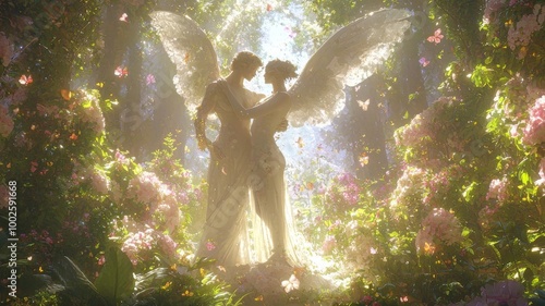 Enchanting Love: Psyche and Eros Embracing in a Lush Garden of Flowers and Butterflies