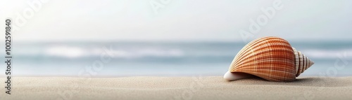 Shell on the beach, serene ocean background, tranquil atmosphere.