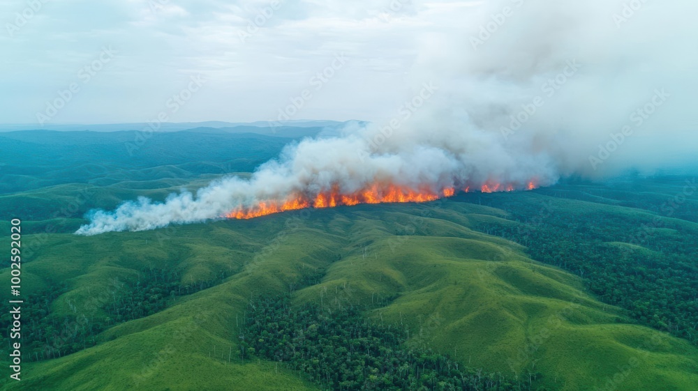 Fototapeta premium Aerial view of a vast deforested area with plumes of smoke rising