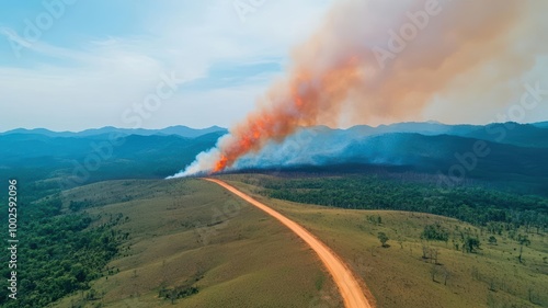 Aerial view of a vast deforested area with plumes of smoke rising