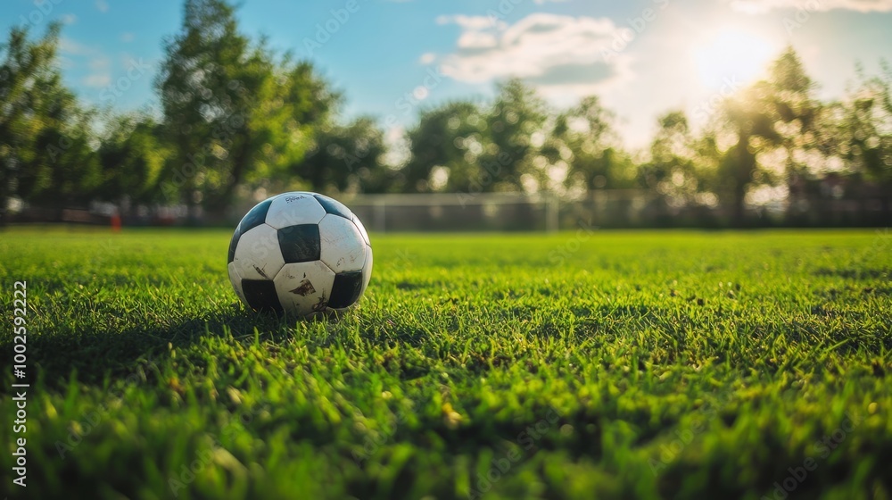 Fototapeta premium Soccer Ball on a Lush Grass Field with Green Trees and Bright Sunshine