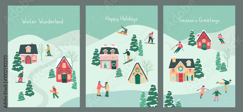 Collection of Winter Holiday Christmas mountain landscape with skiing and ice skating people vector illustration