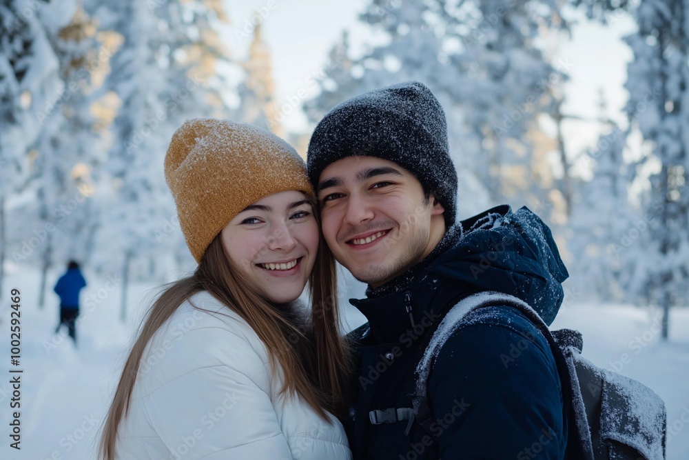 A couple wearing winter hats and smiling in the snow. The man is wearing a blue jacket and the woman is wearing a white jacket A couple wearing winter hats and smiling in the snow. The man is wearing a blue jacket and the woman is wearing a white jacket