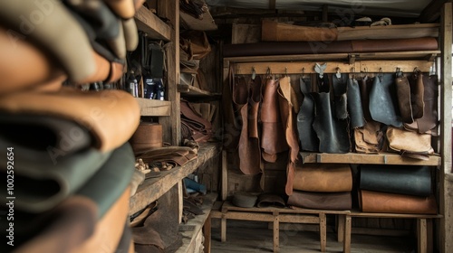 A rustic workshop filled with leather hides and tools, ready for crafting.