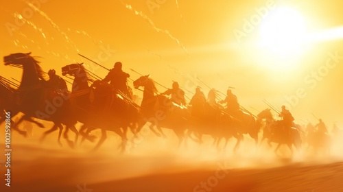 Majestic Chariot Race at Sunset - Vibrant Skies and Speeding Horses in Action photo