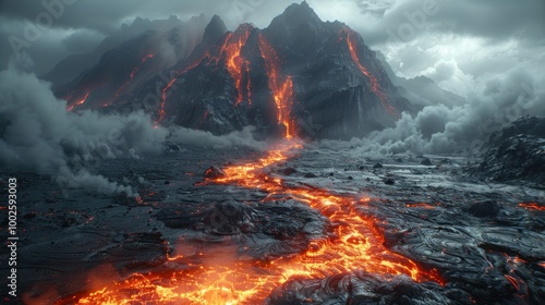 A dramatic volcanic landscape of the planet Mustafar, with rivers of lava flowing and dark, jagged rocks photo