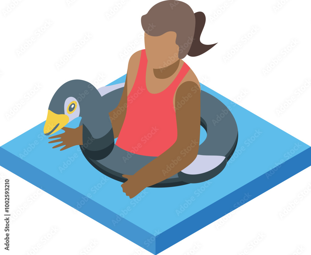 Fototapeta premium Young girl is enjoying her time in the water, floating on a fun penguin shaped inflatable ring