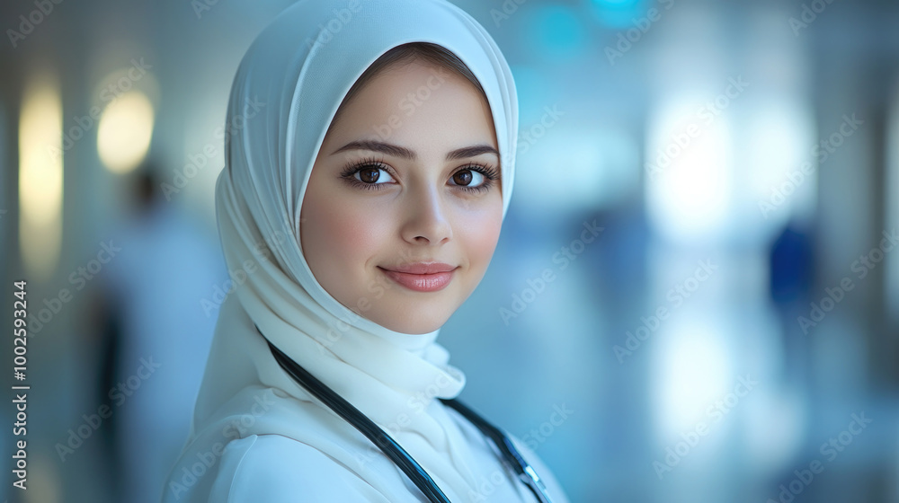 A healthcare professional in a hijab stands confidently in a hospital corridor, ready to assist patients during morning rounds A healthcare professional in a hijab stands confidently in a hospital corridor, ready to assist patients during morning rounds