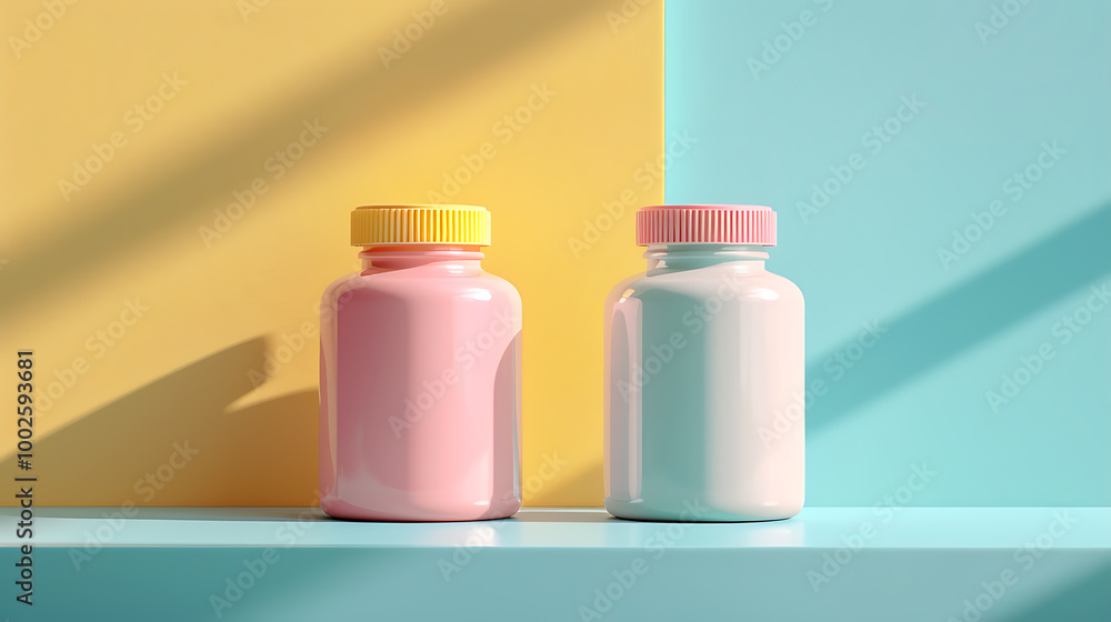 Two pill bottles, one pink and one blue, sit on a shelf against a yellow and blue background. The bottles are simple and sleek, perfect for showcasing your brand. Two pill bottles, one pink and one blue, sit on a shelf against a yellow and blue background. The bottles are simple and sleek, perfect for showcasing your brand.