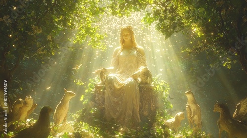 Enchanting Goddess Artemis Embraced by Forest Creatures in Sunlit Glade