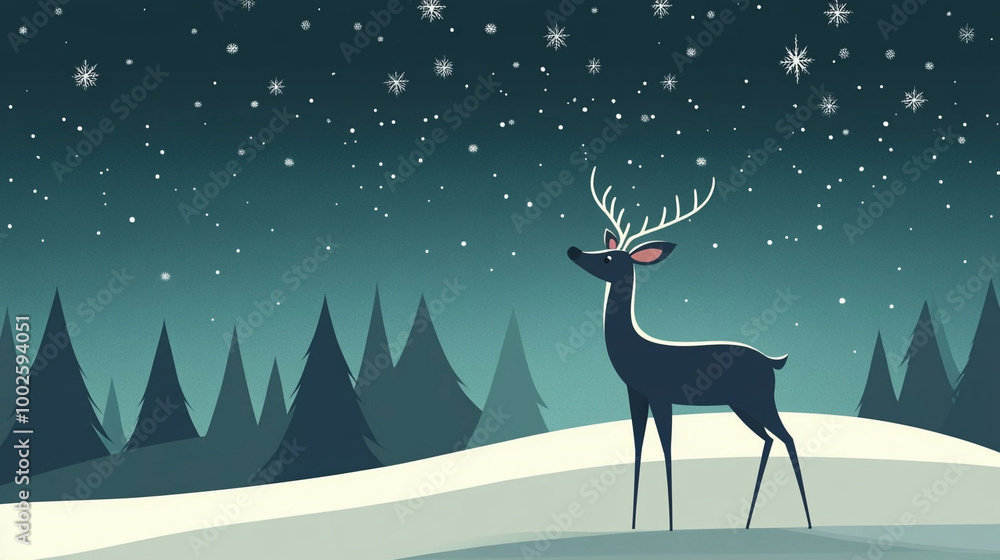 Romantic winter landscape with night sky and a beautiful graceful deer Romantic winter landscape with night sky and a beautiful graceful deer