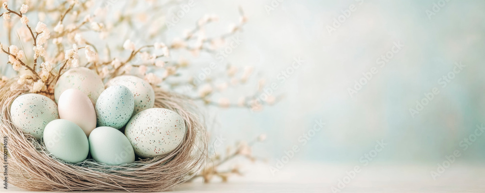 Elegant easter basket with pastel eggs and spring flowers on soft pastel background for holiday design Elegant easter basket with pastel eggs and spring flowers on soft pastel background for holiday design