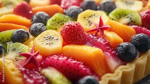 High-res close-up of a vibrant fruit tart adorned with rare fruits like dragon fruit and starfruit, emphasizing its colorful and luxurious appeal.