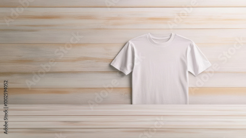 Wallpaper Mural plain white t shirt is displayed on wooden table against light wooden background, creating clean and minimalistic look. This simple design is perfect for various uses Torontodigital.ca