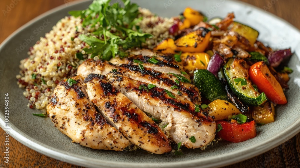 A balanced plate of grilled chicken, quinoa, and roasted vegetables, freshly prepared and ready to serve, captured in high resolution for a clean eating aesthetic. A balanced plate of grilled chicken, quinoa, and roasted vegetables, freshly prepared and ready to serve, captured in high resolution for a clean eating aesthetic.