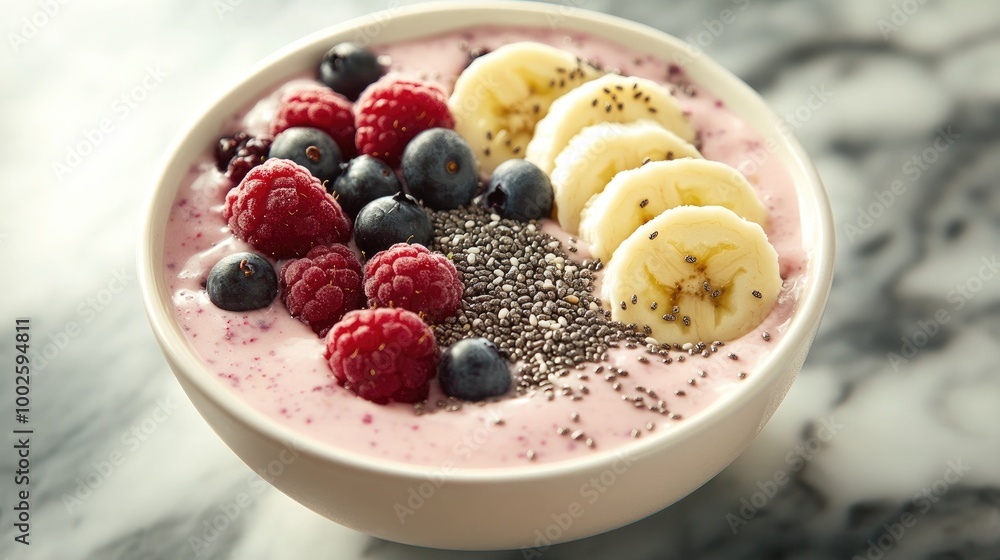 A beautifully arranged smoothie bowl topped with fresh berries, chia seeds, and sliced bananas, captured in high resolution for a healthy breakfast or snack option. A beautifully arranged smoothie bowl topped with fresh berries, chia seeds, and sliced bananas, captured in high resolution for a healthy breakfast or snack option.
