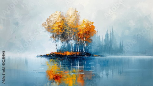 Tranquil Island With Graceful Birch Trees Surrounded By Reflective Lake Water Soft Brushstrokes And Subtle Colors Create A Serene And Contemporary Landscape Oil On Canvas