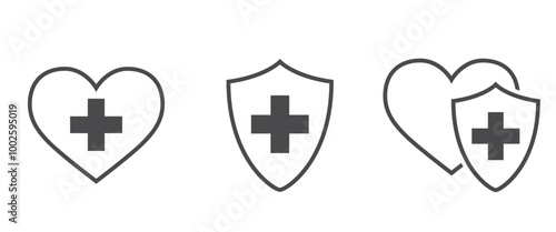 Healthcare and health protection icon. Heart and medical shield. Medical design element. Isolated vector image in simple style