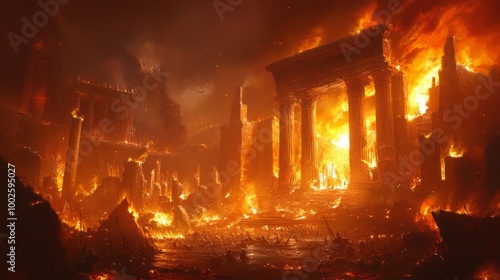 Epic Battle of Troy: Flames of Destruction Engulfing a Legendary City
