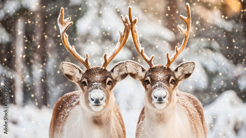 Two beautiful deer in the winter forest