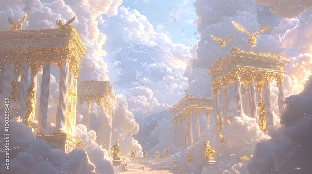 Majestic Mount Olympus: Ancient Temples, Golden Statues, and Mythical Creatures Soaring in the Clouds