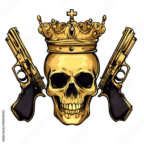 vector drawing golden skull with crown and guns tattoo .Generative AI