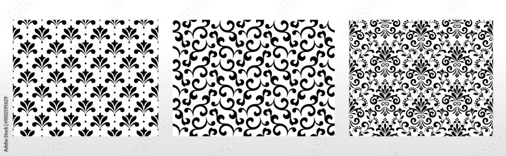 Geometric floral set of seamless patterns. White and black vector backgrounds. Damask graphic ornaments. Geometric floral set of seamless patterns. White and black vector backgrounds. Damask graphic ornaments.