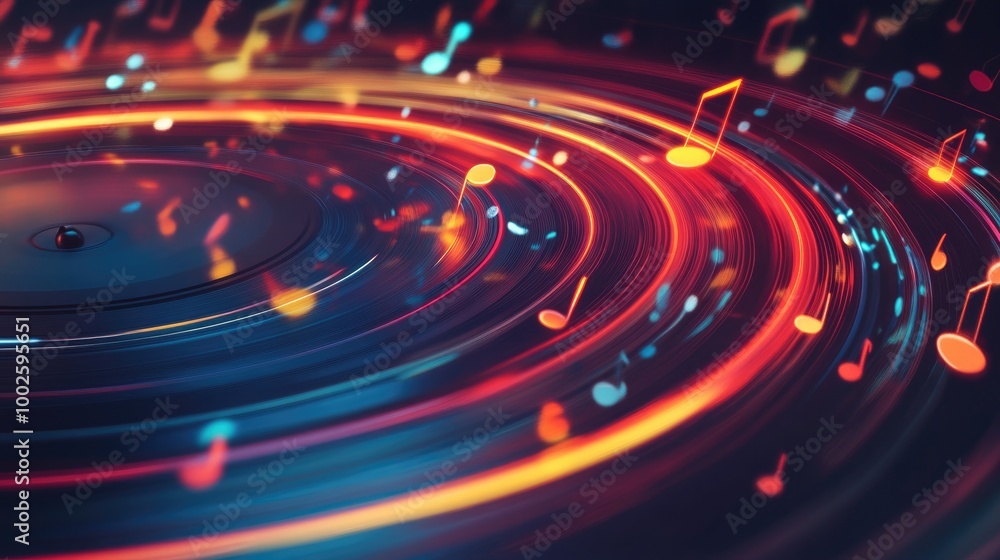 Abstract digital design of glowing music notes radiating from a vinyl record, with light trails and vibrant colors representing the flow of music. Abstract digital design of glowing music notes radiating from a vinyl record, with light trails and vibrant colors representing the flow of music.