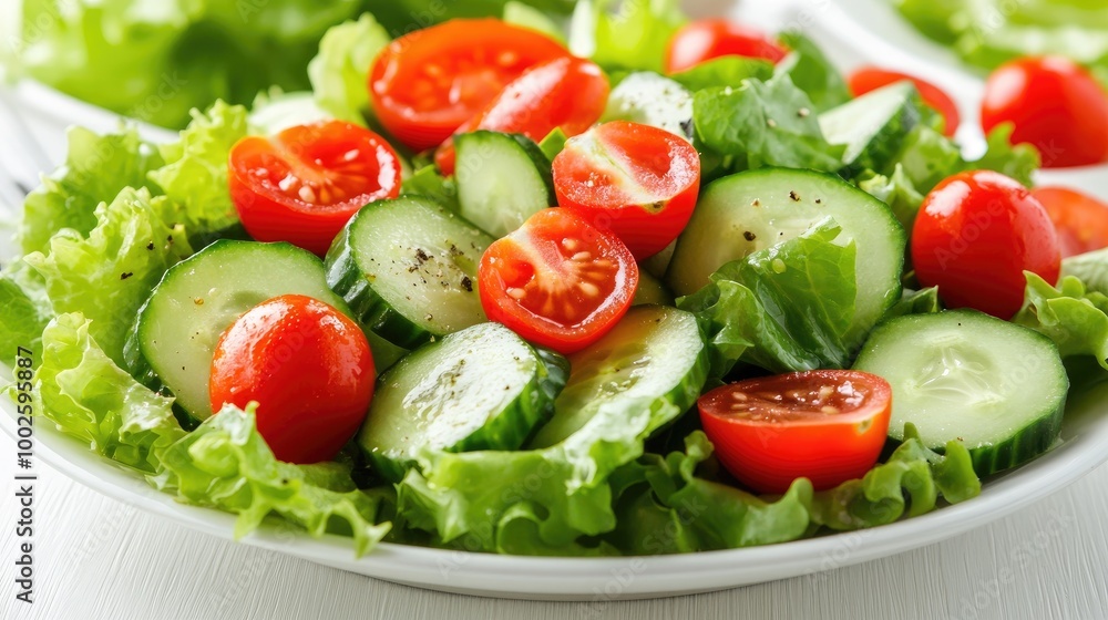 Close-up of a plate of fresh salad with leafy greens, cherry tomatoes, cucumbers, and a light vinaigrette, a perfect representation of a healthy and nutritious dish. Close-up of a plate of fresh salad with leafy greens, cherry tomatoes, cucumbers, and a light vinaigrette, a perfect representation of a healthy and nutritious dish.