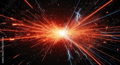 Bold red and orange glowing light particles with electric blue sparks on a black background