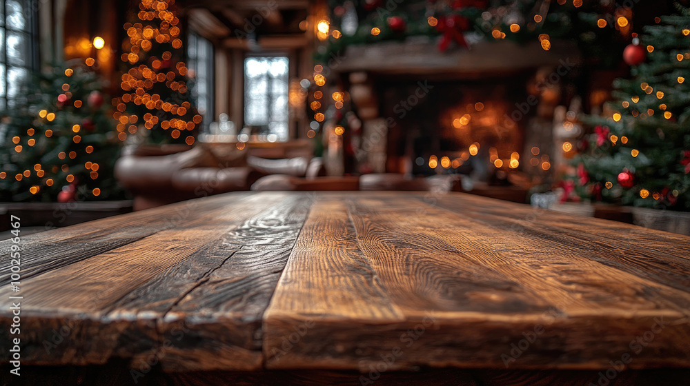 The rustic wooden table is set in a warmly lit cabin, surrounded by festive decorations, twinkling lights, and a glowing fireplace for the holidays The rustic wooden table is set in a warmly lit cabin, surrounded by festive decorations, twinkling lights, and a glowing fireplace for the holidays