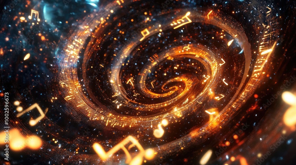 High-res digital art of music notes forming a spiral galaxy, with bright stars and glowing trails illustrating the cosmic nature of sound. High-res digital art of music notes forming a spiral galaxy, with bright stars and glowing trails illustrating the cosmic nature of sound.