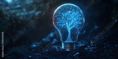 Blue glowing light bulb with a digital circuit tree inside on a dark background representing futuristic technology and AI Illuminated circuitry patterns enhance a high-tech innovative design