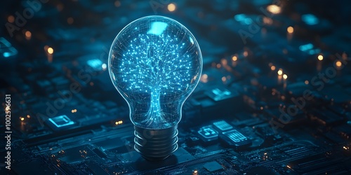 Blue glowing light bulb with a digital circuit tree inside on a dark background representing futuristic technology and AI Illuminated circuitry patterns enhance a high-tech innovative design