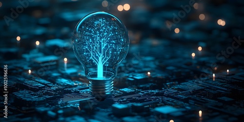 Blue glowing light bulb with a digital circuit tree inside on a dark background representing futuristic technology and AI Illuminated circuitry patterns enhance a high-tech innovative design