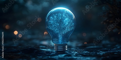 Blue glowing light bulb with a digital circuit tree inside on a dark background representing futuristic technology and AI Illuminated circuitry patterns enhance a high-tech innovative design